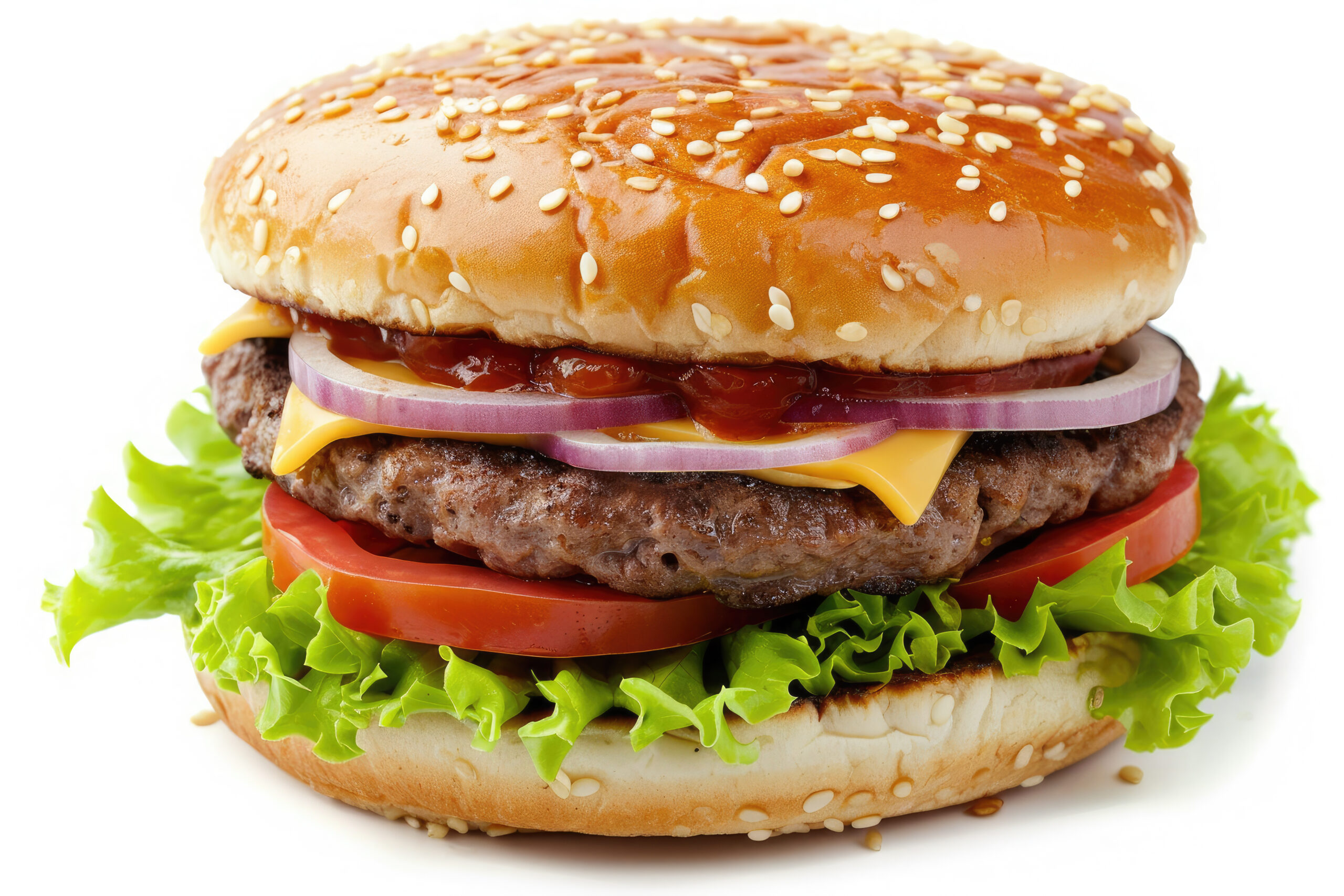 Classic cheese burger with beef cutlet, vegetables and onions isolated on a white background